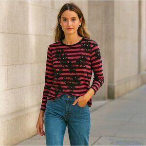 PROENZA SCHOULER Striped Floral Splatter T Shirt In Deep Red Long Sleeve Size L